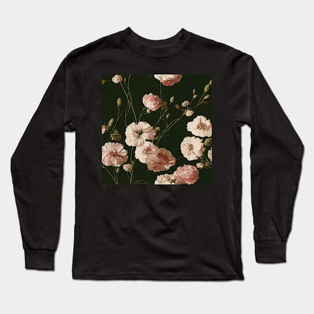 Vintage Ivory Pink flowers on Black Background Long Sleeve T-Shirt by VintageFlorals